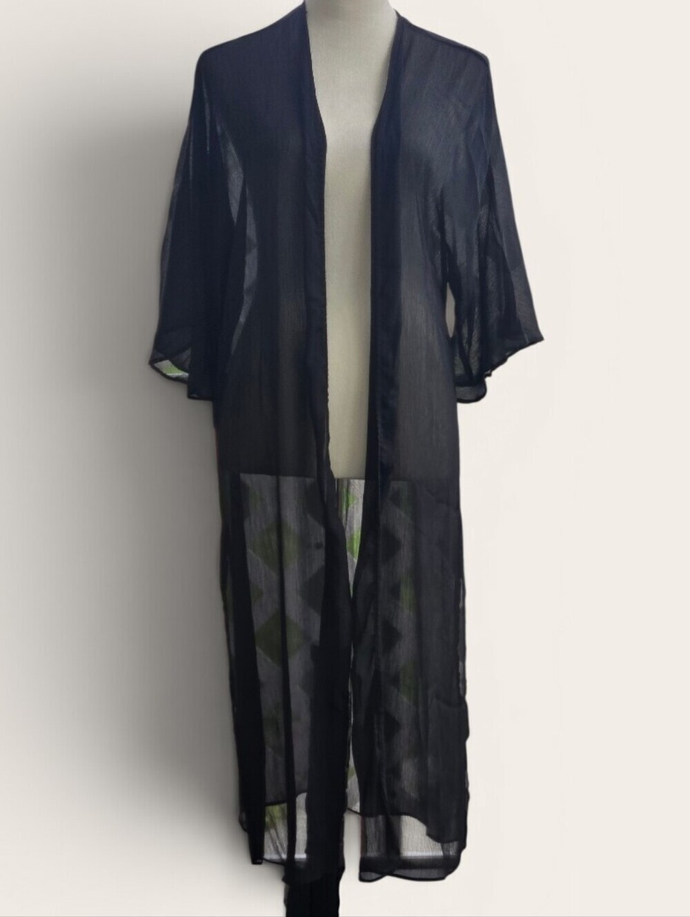 NO BOUNDARIES Black Sheer Kimono Open Front Beach Robe Duster S-M Maxi Length